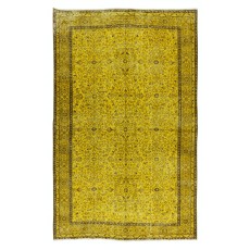 Handmade Turkish Vintage Floral Patterned Rug Over-Dyed in Yellow for Contemporary Interiors
