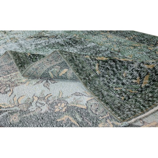 Green Floor Rug, Hand Knotted Turkish Vintage Wool Carpet for Modern Interiors