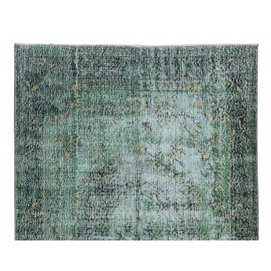 Green Floor Rug, Hand Knotted Turkish Vintage Wool Carpet for Modern Interiors