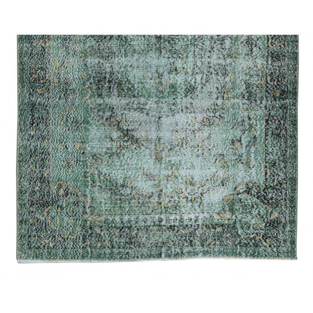 Green Floor Rug, Hand Knotted Turkish Vintage Wool Carpet for Modern Interiors