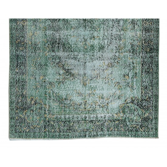 Green Floor Rug, Hand Knotted Turkish Vintage Wool Carpet for Modern Interiors Green Floor Rug, Hand Knotted Turkish Vintage Wool Carpet for Modern Interiors