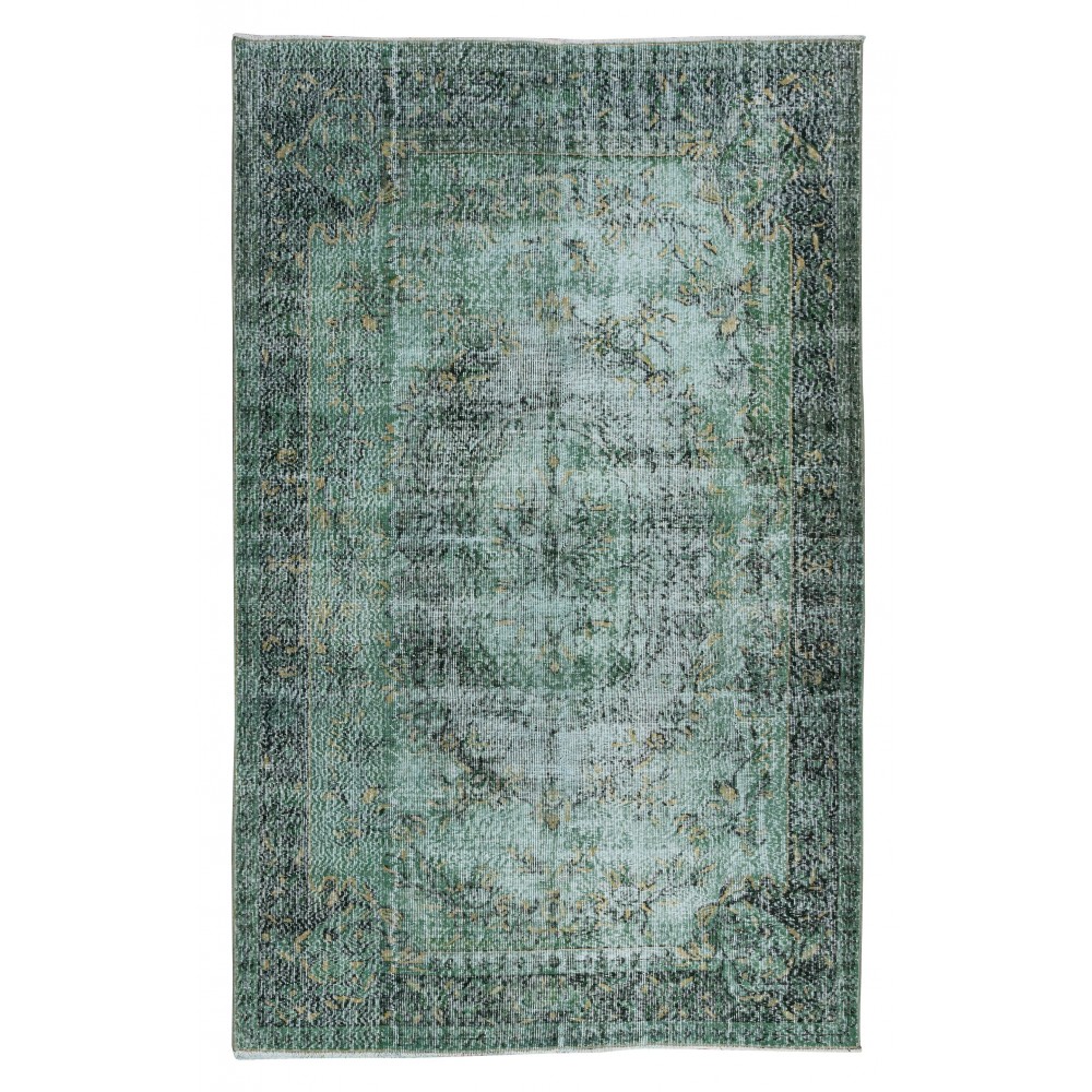 Green Floor Rug, Hand Knotted Turkish Vintage Wool Carpet for Modern Interiors