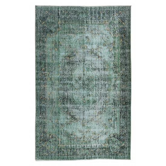 Green Floor Rug, Hand Knotted Turkish Vintage Wool Carpet for Modern Interiors