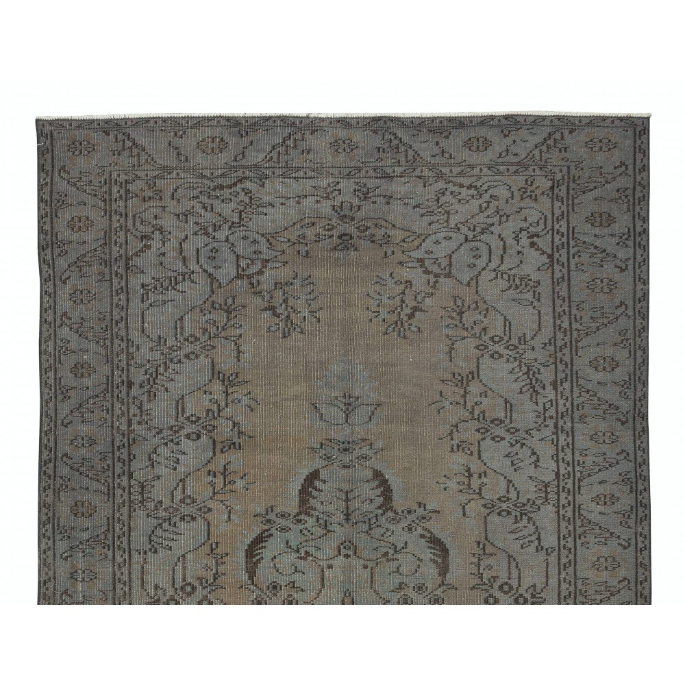 Vintage Rug Over-Dyed in Gray with Medallion Design, Handmade in Turkey
