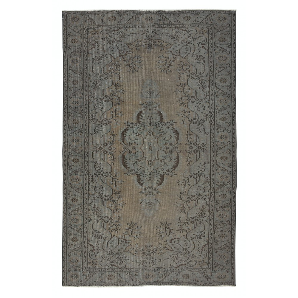 Vintage Rug Over-Dyed in Gray with Medallion Design, Handmade in Turkey