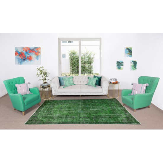 Green Over-Dyed Floor Rug, Hand Knotted Turkish Vintage Wool Carpet for Modern Interiors