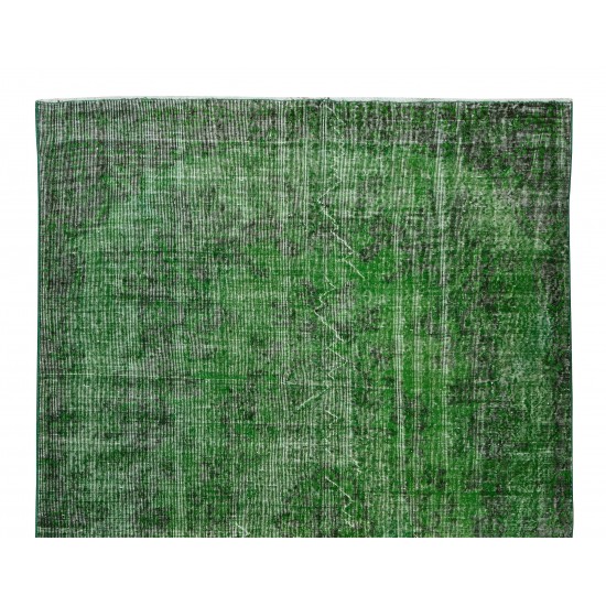 Green Over-Dyed Floor Rug, Hand Knotted Turkish Vintage Wool Carpet for Modern Interiors