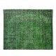 Green Over-Dyed Floor Rug, Hand Knotted Turkish Vintage Wool Carpet for Modern Interiors