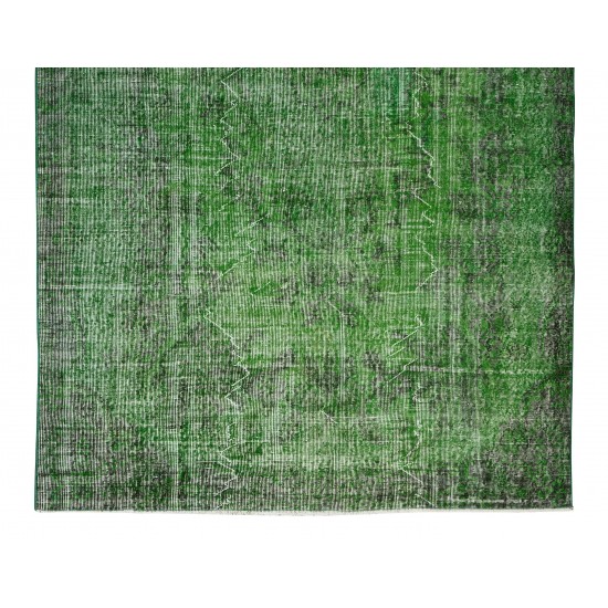 Green Over-Dyed Floor Rug, Hand Knotted Turkish Vintage Wool Carpet for Modern Interiors