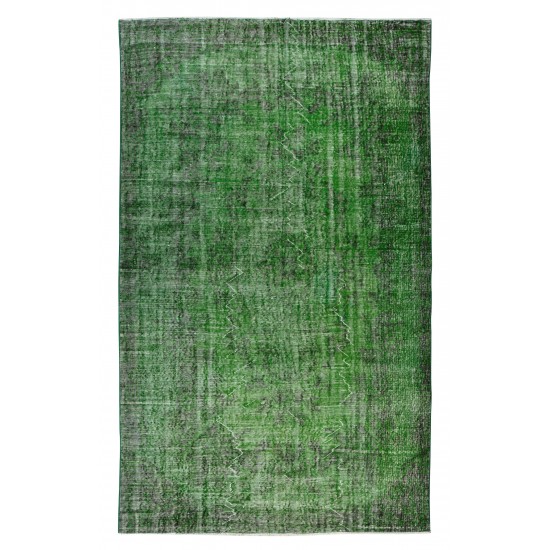 Green Over-Dyed Floor Rug, Hand Knotted Turkish Vintage Wool Carpet for Modern Interiors