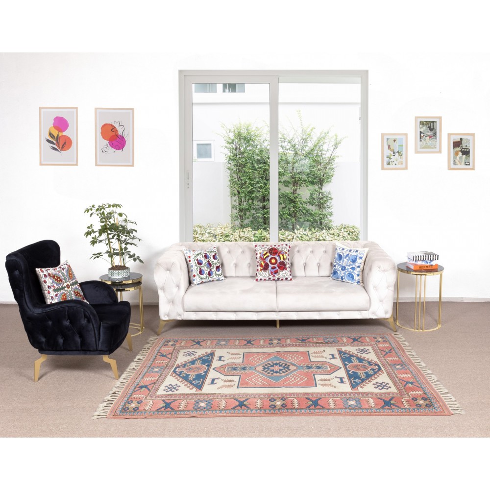 Handmade Turkish Area Rug for Living Room Decor, 100% Wool, Geometric Pattern Carpet