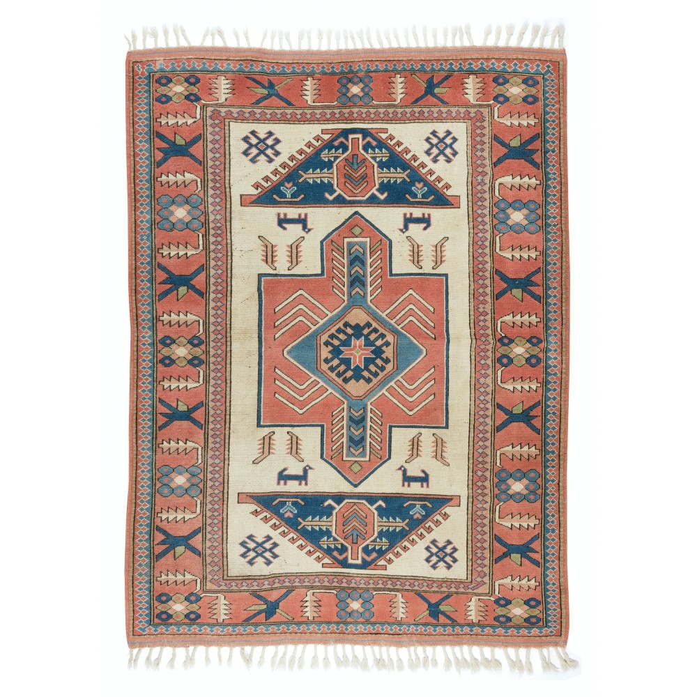 Handmade Turkish Area Rug for Living Room Decor, 100% Wool, Geometric Pattern Carpet