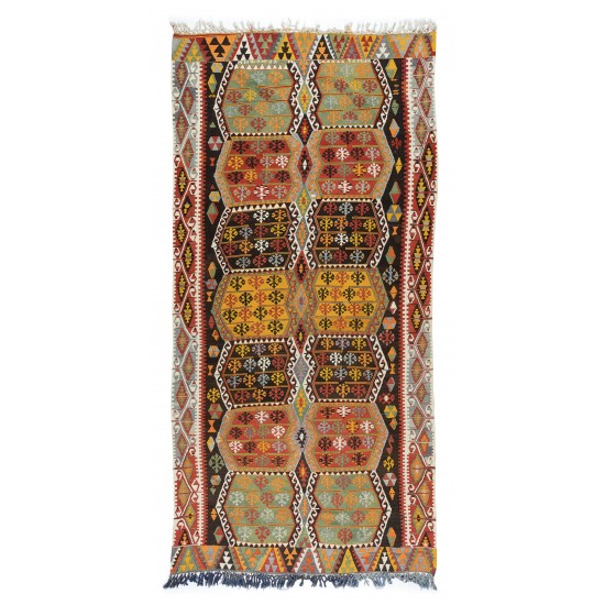 Vintage Handmade Turkish Wool Kilim Runner, Flat-Weave Floor Covering