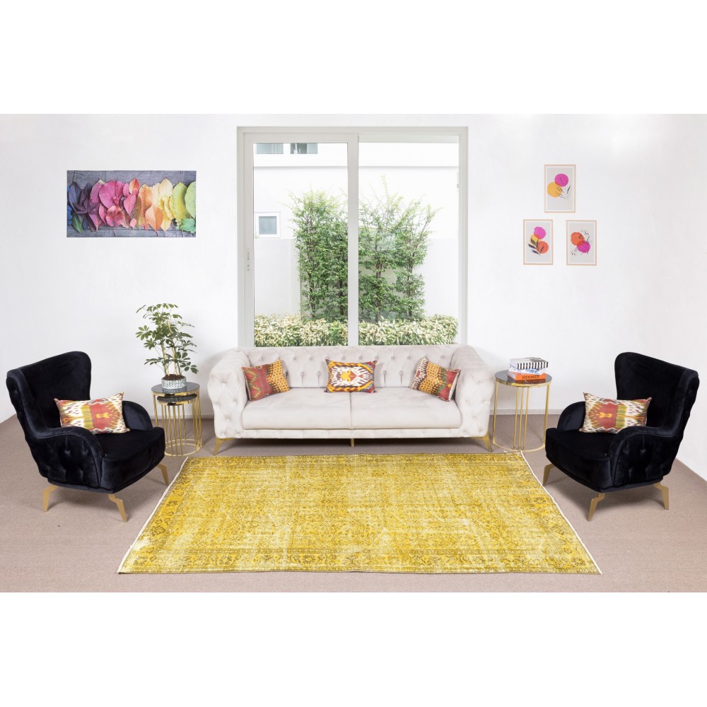 Handmade Turkish Vintage Wool Rug Over-Dyed in Yellow for Modern Home & Office Decor