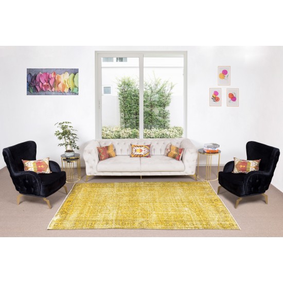 Handmade Turkish Vintage Wool Rug Over-Dyed in Yellow for Modern Home & Office Decor Handmade Turkish Vintage Wool Rug Over-Dyed in Yellow for Modern Home & Office Decor