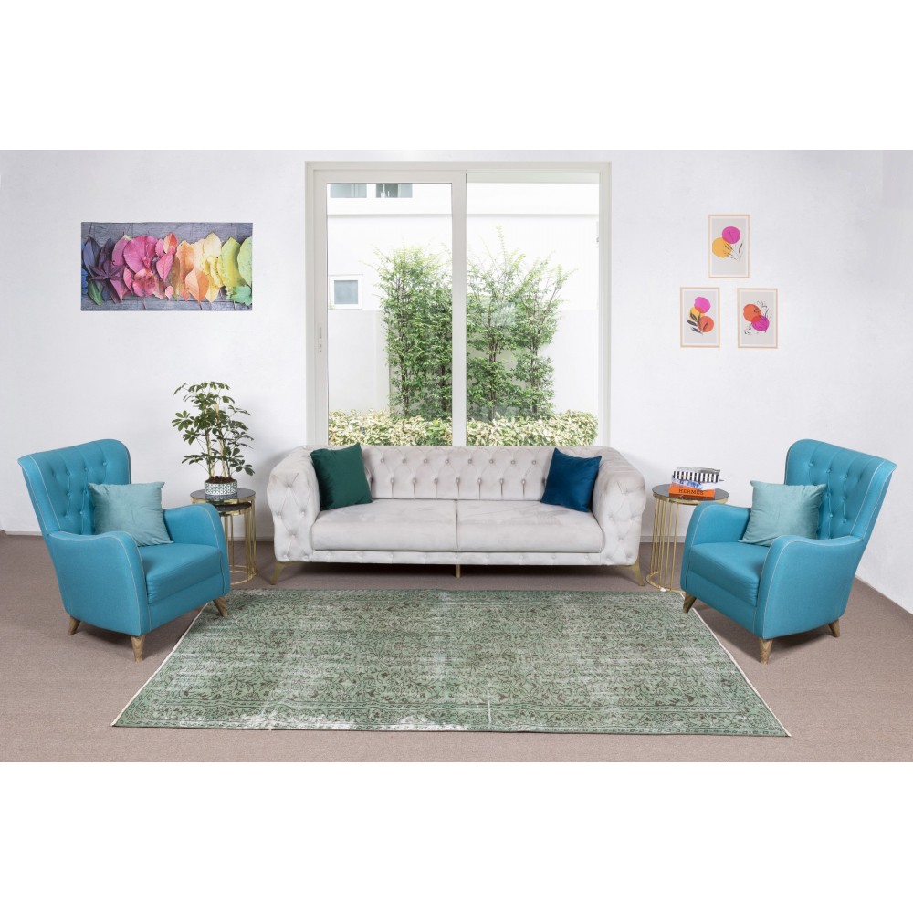 Green Color Handmade Turkish Wool Rug for Contemporary Home and Office Decor