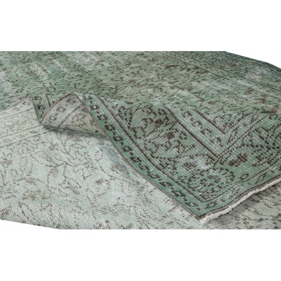 Green Over-Dyed Rug, Hand Knotted Turkish Vintage Wool Carpet for Contemporary Home & Office Decor