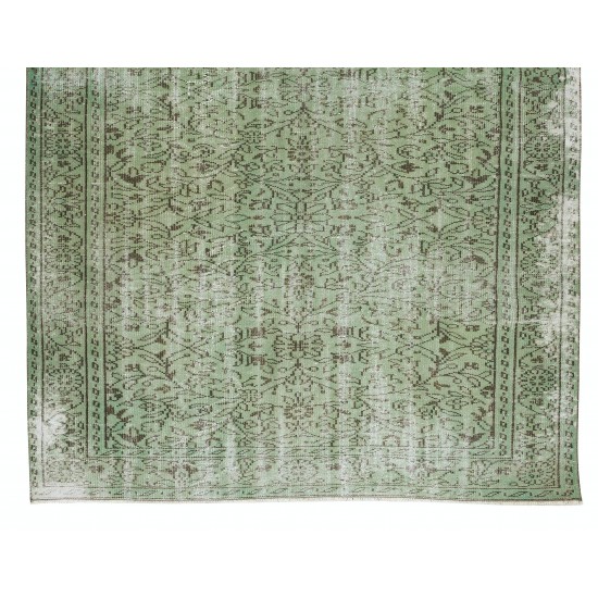 Green Over-Dyed Rug, Hand Knotted Turkish Vintage Wool Carpet for Contemporary Home & Office Decor