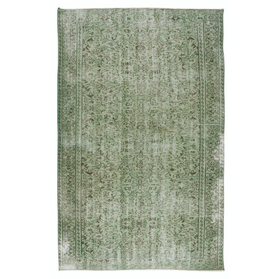 Green Over-Dyed Rug, Hand Knotted Turkish Vintage Wool Carpet for Contemporary Home & Office Decor