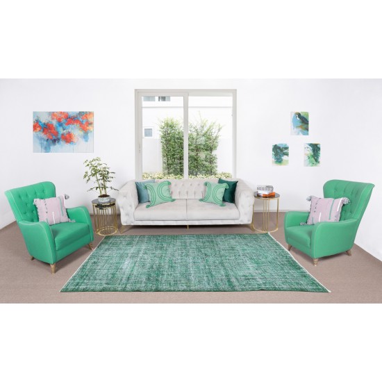 Green Over-Dyed Rug, Hand Knotted Turkish Vintage Wool Carpet for Contemporary Home & Office Decor