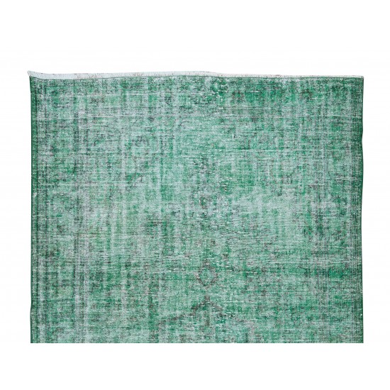 Green Over-Dyed Rug, Hand Knotted Turkish Vintage Wool Carpet for Contemporary Home & Office Decor