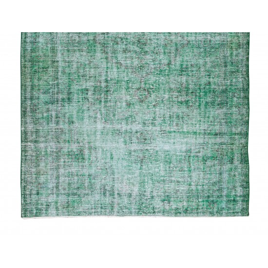 Green Over-Dyed Rug, Hand Knotted Turkish Vintage Wool Carpet for Contemporary Home & Office Decor