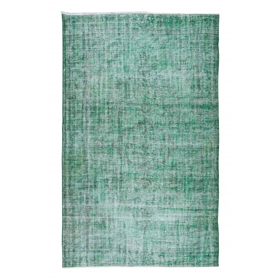 Green Over-Dyed Rug, Hand Knotted Turkish Vintage Wool Carpet for Contemporary Home & Office Decor