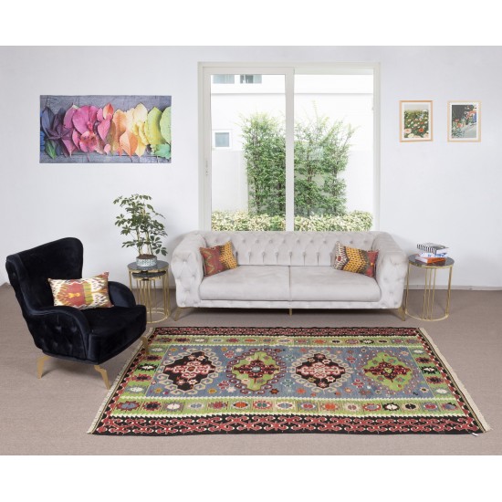 Colorful Vintage Handmade Turkish Wool Kilim rug, Flat-Weave Floor Covering Colorful Vintage Handmade Turkish Wool Kilim rug, Flat-Weave Floor Covering