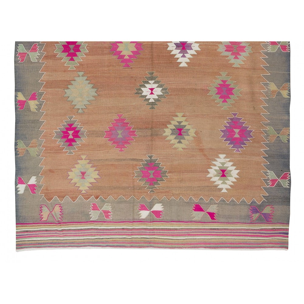 Hand-Woven Vintage Turkish Wool Kilim Rug with Geometric Design