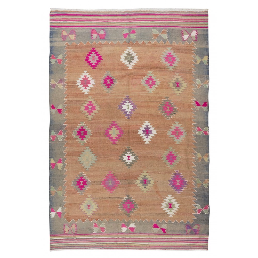 Hand-Woven Vintage Turkish Wool Kilim Rug with Geometric Design