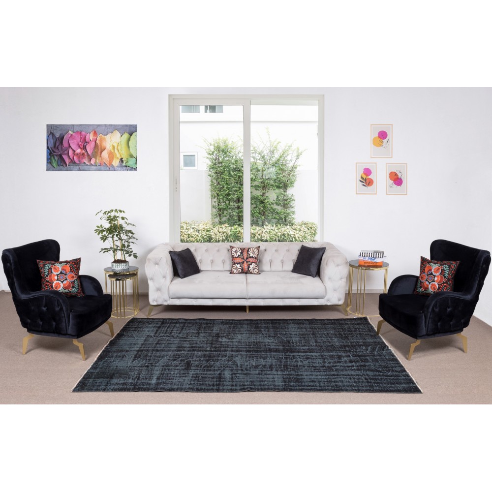 Vintage Handmade Turkish Wool Rug Over-Dyed in Black for Modern Interiors