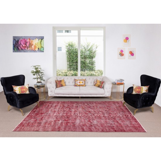 Distressed Handmade Turkish Vintage Area Rug Over-Dyed in Burgundy Red Color for Contemporary Interior Distressed Handmade Turkish Vintage Area Rug Over-Dyed in Burgundy Red Color for Contemporary Interior