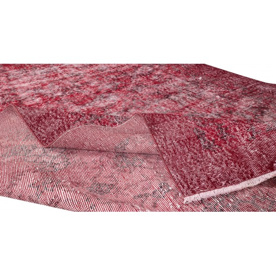 Distressed Handmade Turkish Vintage Area Rug Over-Dyed in Burgundy Red Color for Contemporary Interior