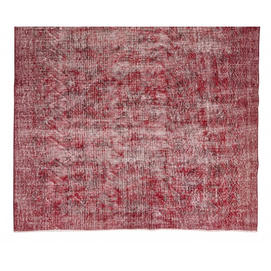 Distressed Handmade Turkish Vintage Area Rug Over-Dyed in Burgundy Red Color for Contemporary Interior