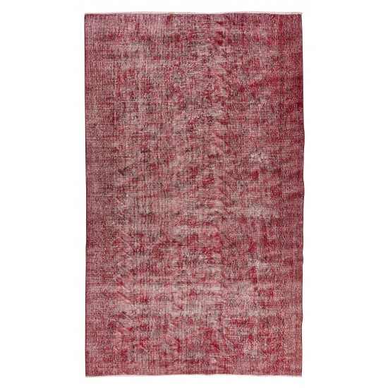 Distressed Handmade Turkish Vintage Area Rug Over-Dyed in Burgundy Red Color for Contemporary Interior