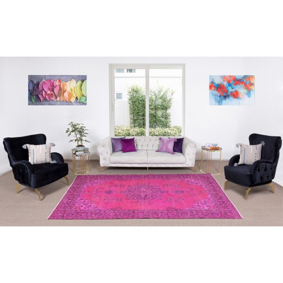 Handmade Medallion Design Turkish Vintage Area Rug Over-Dyed in Fuchsia Pink for Contemporary Interiors