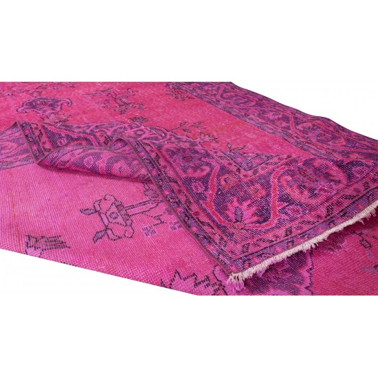 Handmade Medallion Design Turkish Vintage Area Rug Over-Dyed in Fuchsia Pink for Contemporary Interiors