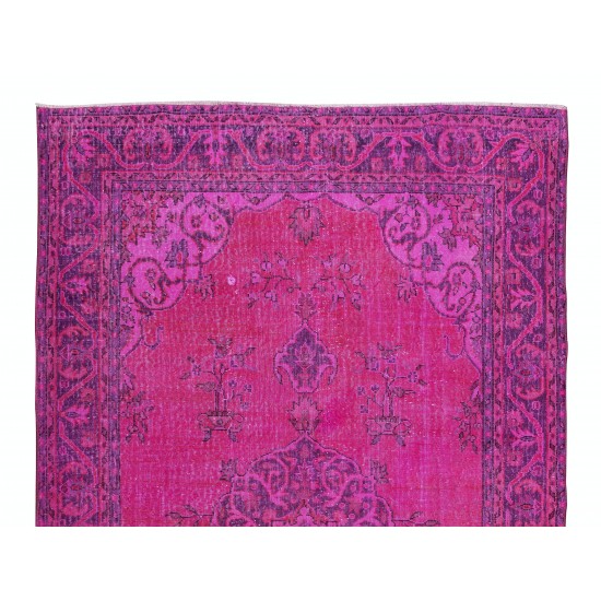 Handmade Medallion Design Turkish Vintage Area Rug Over-Dyed in Fuchsia Pink for Contemporary Interiors