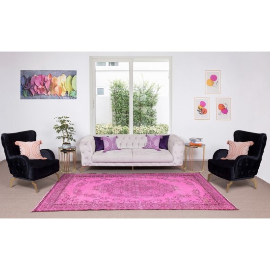 Handmade Turkish Vintage Area Rug Over-Dyed in Pink Color for Living Room Decor Handmade Turkish Vintage Area Rug Over-Dyed in Pink Color for Living Room Decor
