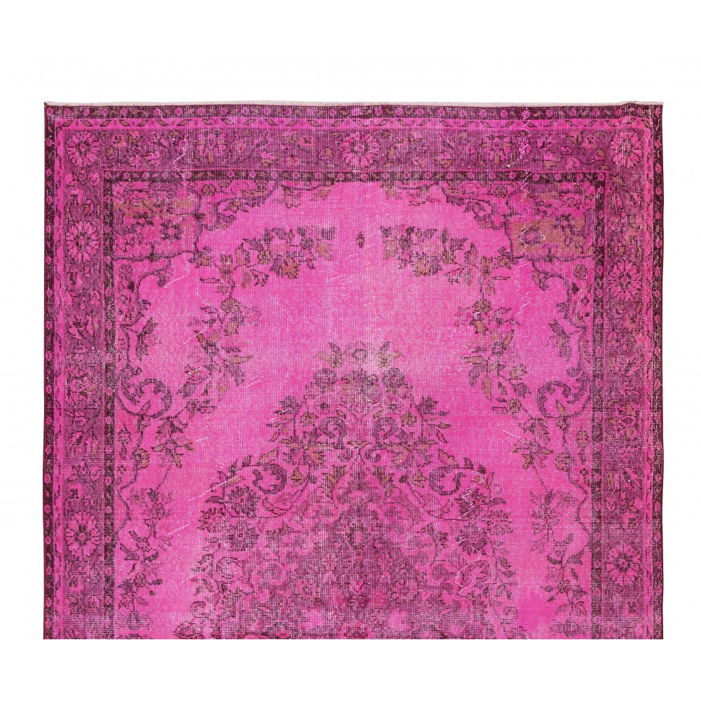 Handmade Turkish Vintage Area Rug Over-Dyed in Pink Color for Living Room Decor