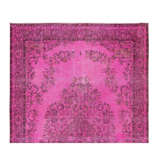 Handmade Turkish Vintage Area Rug Over-Dyed in Pink Color for Living Room Decor