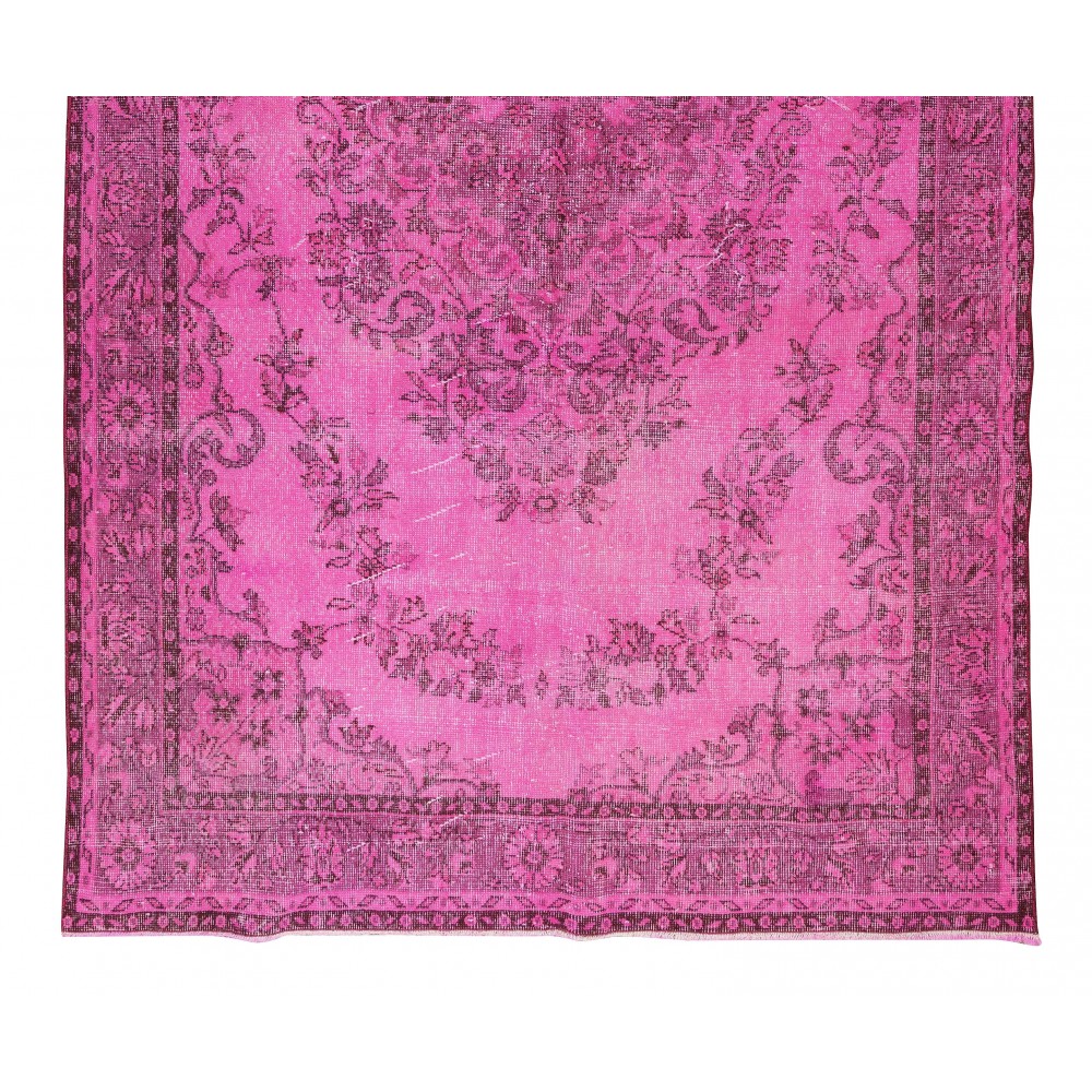 Handmade Turkish Vintage Area Rug Over-Dyed in Pink Color for Living Room Decor