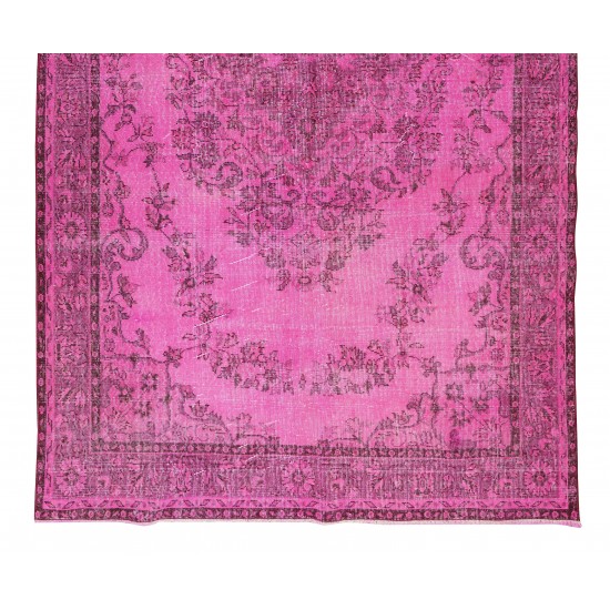 Handmade Turkish Vintage Area Rug Over-Dyed in Pink Color for Living Room Decor