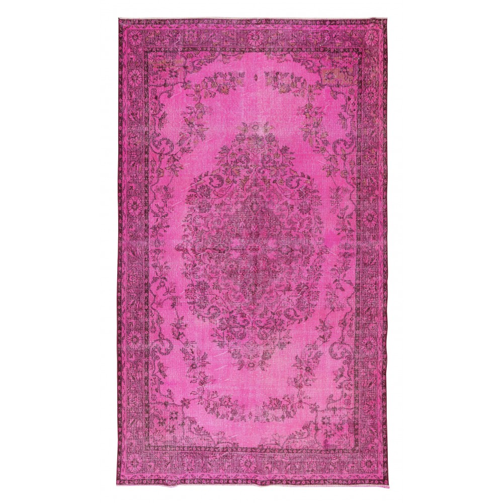 Handmade Turkish Vintage Area Rug Over-Dyed in Pink Color for Living Room Decor