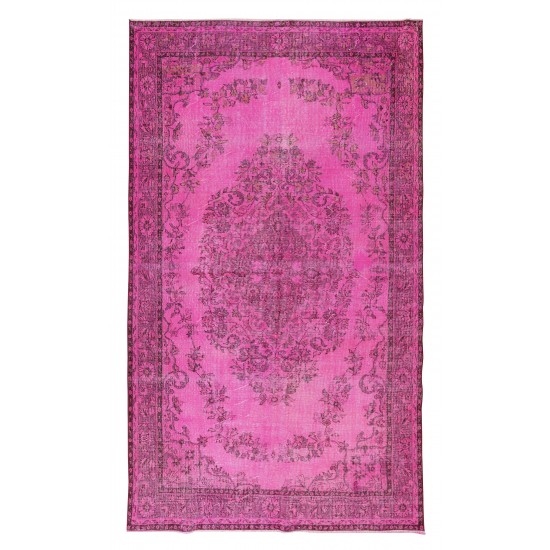 Handmade Turkish Vintage Area Rug Over-Dyed in Pink Color for Living Room Decor