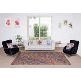 Vintage Turkish Jajim Kilim Rug, One of a Kind Hand-Woven Carpet Made of Wool