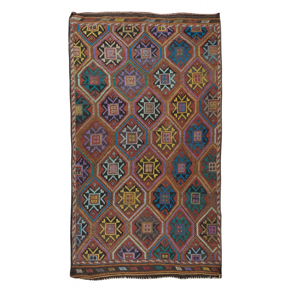 Vintage Turkish Jajim Kilim Rug, One of a Kind Hand-Woven Carpet Made of Wool