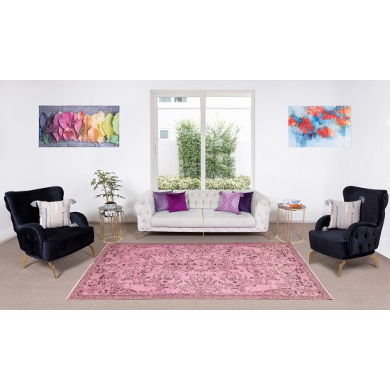 Contemporary Handmade Turkish Vintage Area Rug Over-Dyed in Pink Color with Floral Garden Design