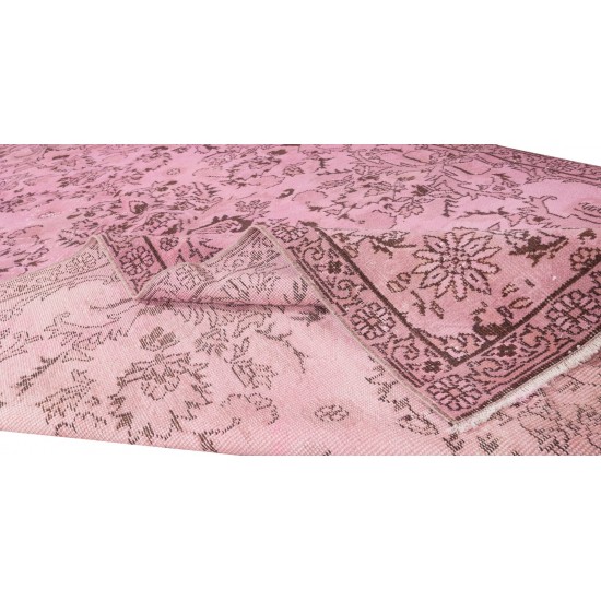 Contemporary Handmade Turkish Vintage Area Rug Over-Dyed in Pink Color with Floral Garden Design