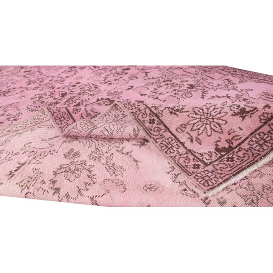 Contemporary Handmade Turkish Vintage Area Rug Over-Dyed in Pink Color with Floral Garden Design Contemporary Handmade Turkish Vintage Area Rug Over-Dyed in Pink Color with Floral Garden Design